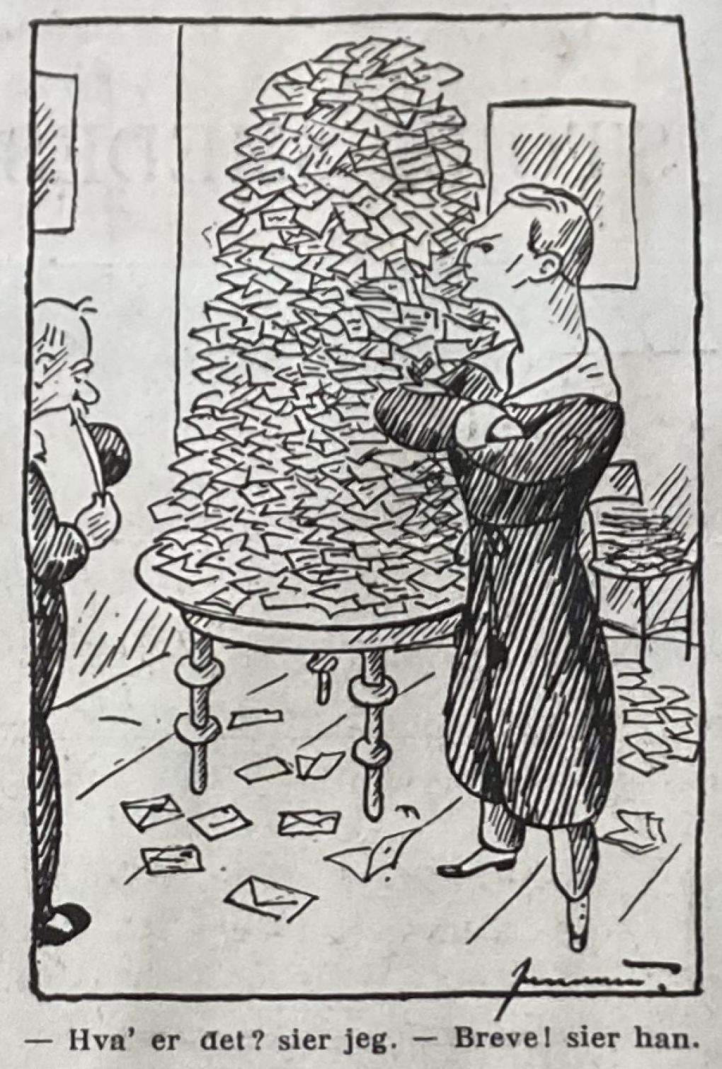 Olaf Fønss og hans brevbunker (fra Verden og Vi 1918, her gengivet efter scrapbogen 1912–1919 i Olaf Fønss-samlingen, Det Danske Filminstitut).