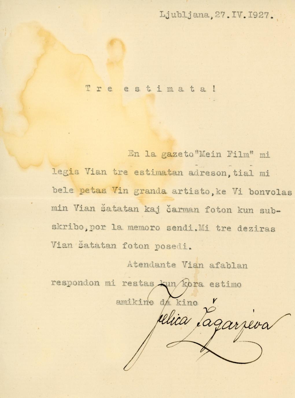 Fanbrev fra 1927 til Olaf Fønss, skrevet på esperanto (Det Danske Filminstitut).